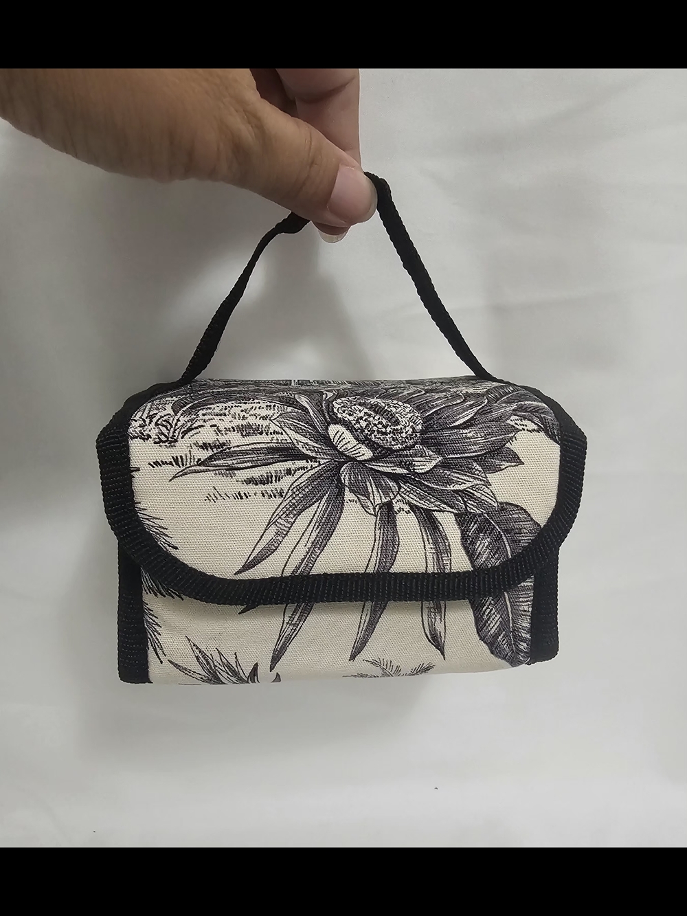 Canvas Floral Print Mini Handbag in Black and Cream